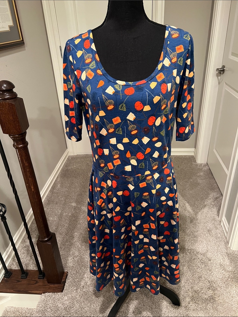 LuLaRoe Navy Scoop Neck Midi Dress with Orange, Cream & Red Accents